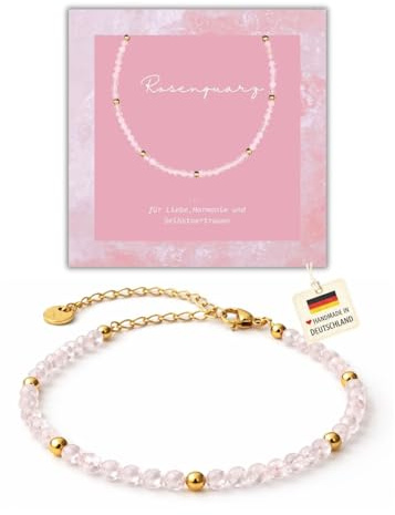 happymaker - Bracciale Quarzo Rosa Donna, Con perle in pietra naturale e accenti dorati, Pietra dell’amore, Fatto a mano in Germania, Confezione regalo inclusa.