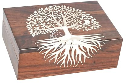 Piccola urna in legno fatta a mano per ceneri umane, portagioie multiuso per uomini e donne, albero con radici profonde, 17,8 x 12,7 x 6,3 cm