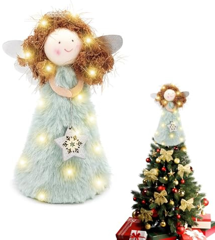 Angel Christmas Tree Topper, Angel Figurine Christmas Tree Ornaments Light Up Fairy Treetop Pendant for Xmas Tree Home Table Decor