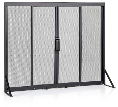 TANGZON Fireplace Screen, Spark Protection Fire Guard with Double Doors, Handles & Extended Support Legs, Indoor Outdoor Mesh Spark Flame Barrier Fire Panel（with 2 Sliding Doors, 89 x 33 x 72cm）