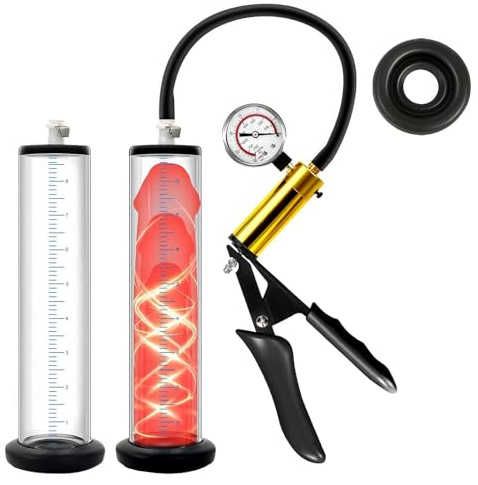 Bombas de vacio para el pene con mango y manometro bomba de pene juguetes sexuales para hombres, bomba de alargamiento del extensor masturbarse el hombre polla estiramiento(22.9 * 5.4cm/9 * 2.125in)