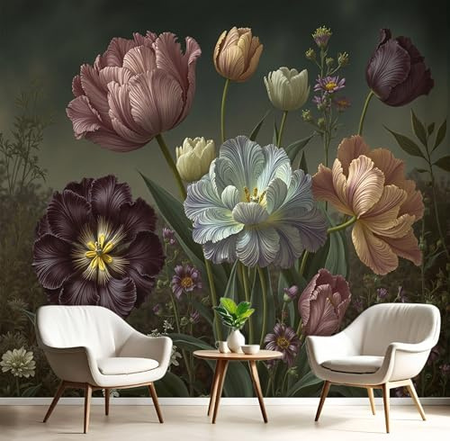 Papel Pintado Estilo Barroco Papel Tapiz Fotográfico Pintura Naturaleza Muerta Floral Lujo Papel de Pared Fotomurales Decoración De Pared para Salón Dormitorio Comedor, 250x175cm, Verde Oscuro