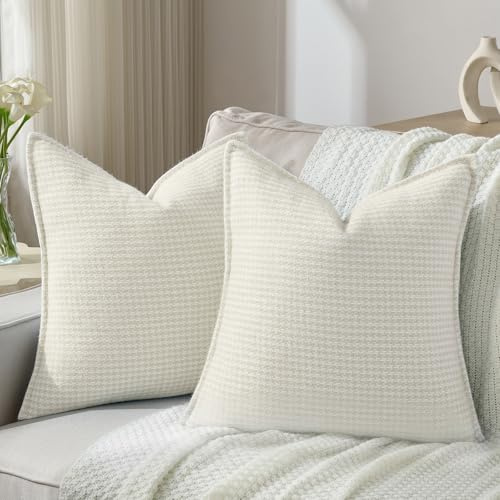 YSTELLAA Chenilla Funda Cojin 40x40, Juego De 2, Crema | Funda Cojin Cuadrado Suave, Estampado de Pata de Gallo, Cremallera Invisible, Cuadrado, para Sofá Silla Cama Sala