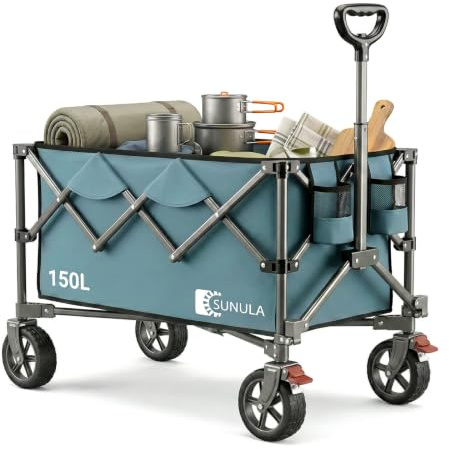 SUNULA Carro plegable con capacidad de carga de 120 kg, carro de mano plegable con mango de un clic y plegable en 4 caras, ruedas con frenos, 150 L, color verde