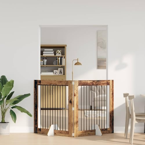 Ziaphsol Vikbar hundgrind med stativ, 2 stycken i gammalt trä, trämaterial, 200,5 cm längd, för inomhusbruk, utrymmesbesparande, lätt att montera, som hundpip och djurinhägnad