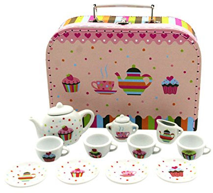 GICO Service à thé pour enfants dans une mallette en carton rigide avec vaisselle en porcelaine 14 pièces