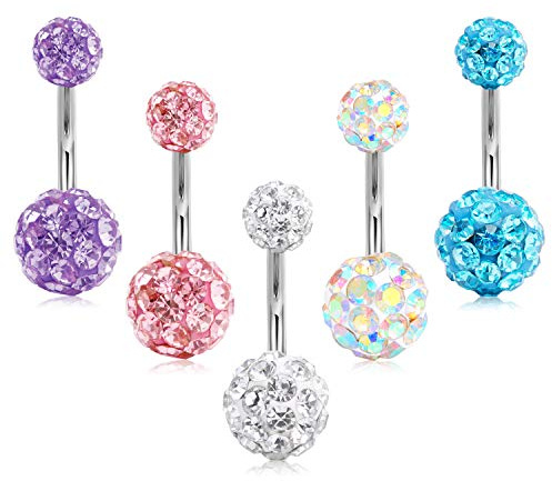 Crdifu Juego de Piercing Ombligo de 5 Piezas en Acero Inoxidable 316L, Pendientes de Ombligo de Bolas de Cristal de Baja Sensibilidad para Mujer