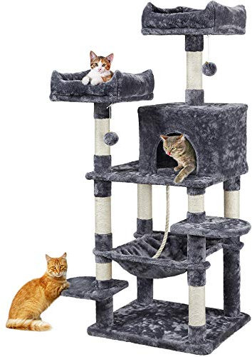 Yaheetech 150cm Large Cat Tree Tower Cat Scratching Posts with Condos/Hammock Kitten Climbing Tower for Indoor Kittens/Cats, Dark Grey