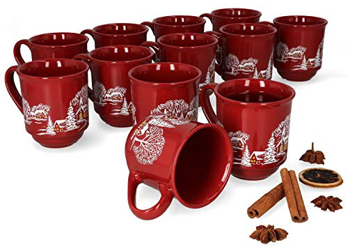 MamboCat Set di 12 Bicchieri da Vin brulé 0,2 l con tacca Mercatini di Natale Motivo Invernale Bicchieri da Vin brulé con Manico Accessori da Pranzo Feuerzangenbowle Mug in Ceramica Rossa