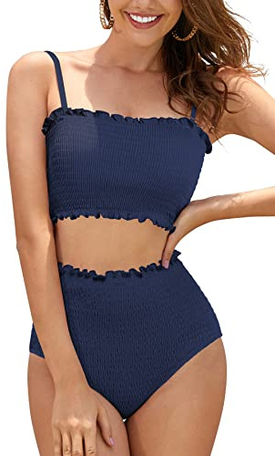 SHEKINI Women's Bikini Sets Shirred Bandeau Bikini Top High Waist Bathing Suit Removable Straps Two Piece Swimsuit, Deep Blue, Medium