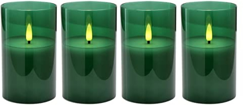 Högkvalitativa LED-adventljus i glas – 4 ljusset/ekonomiset – timer – realistiskt flimrande – ljus jul/julljus/adventkrans (grön, medium – höjd 12,5 cm/Ø 7,5 cm)