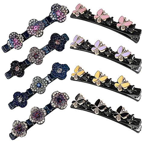 PAITOK 8 Pièces Trois clips latéraux à fleurs, barrettes à cheveux tressés avec strass, accessoires de coiffure, double couche pour les filles et les femmes