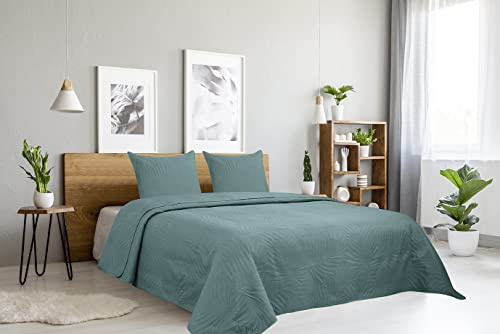 Autrefois Dessus de lit Oasis Vert Aqua - Couvre lit matelassé Doux et léger - Boutis uni 240x260 cm - 2 Places avec Deux taies 65x65cm - Motifs Feuilles de Palmier - Couverture Microfibre