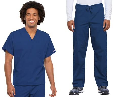 Conjunto de exfoliante Cherokee para hombres y mujeres, ajuste tradicional, camiseta con cuello en V 4777 y pantalón cargo con cordón de tiro natural 4100, Azul Galaxia, M Top / L Pant