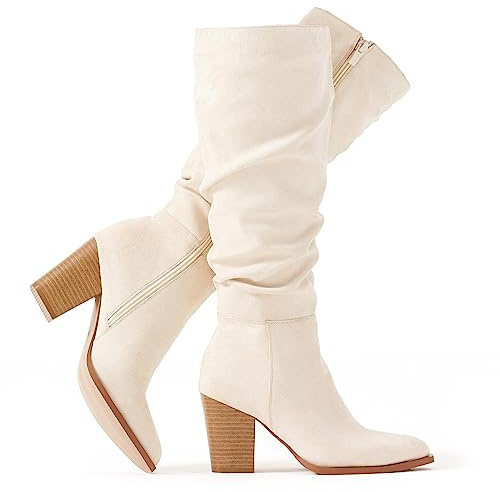 Putu Women's Pointed Toe Knee High Boots Faux Suede Slouch Boots with Chunky Heel Beige 9