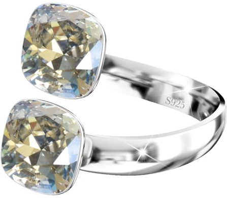 Anello da donna in argento Sterling 925, con doppio cristallo regolabile, con cristalli di marca, lucido, con zirconi cubici e anello viene fornito in confezione regalo, Cristallo, cristallo
