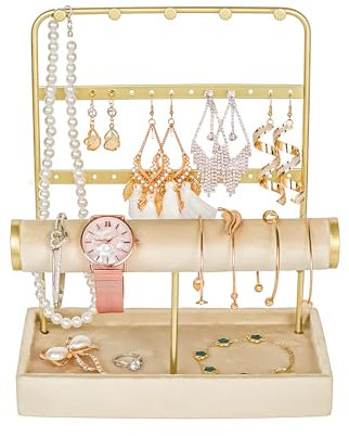 NOBELLUXE Jewellery Organiser – 3-Tier Jewellery Stand with T-Bar Bracelet Holder – Durable Metal Necklace Holder with Room for Earrings, Bracelets, Brooches and Watches