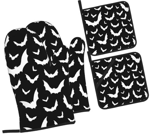 HOYYU Halloween Black Bats Oven Mitts and Pot Holders Set of 4 Heat Resistant Kitchen Potholder Oven Gloves for Cooking Baking Grilling BBQ Mittens Non Slip Kitchen Accessories Gifts