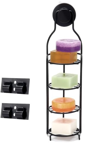 Erogeen Soap Dish Holder 4 Tier Soap Bar Holder Stainless Steel No Drilling Shower Soap Caddy with Suction Cup Adhesive Hooks for Shower Wall, Bathroom, Kitchen (Black)