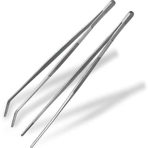 Shehadeh - 2 Stück Set - Kochpinzette 30cm, Grillzange - gerade, gebogen und abgerundet mit fein profilierten Greifflächen - Solide Küchenzange ideal als Grillpinzette & Fleischpinzette