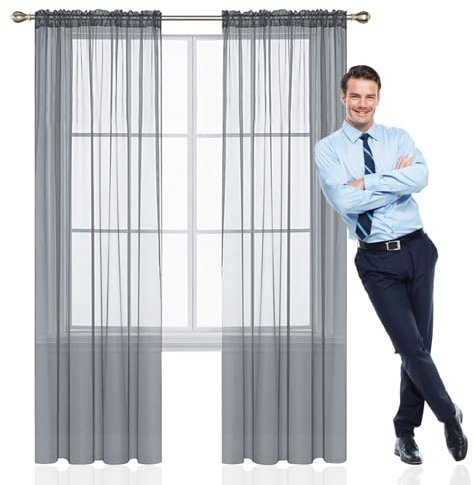 GAIFNAG Weiße Voile, Halbtransparente Vorhänge 220 x 270 cm Weiss Halbtransparent mit Ösen, Luftig, Modern Und Langlebig Schlafzimmer Ösen Thermo Vorhang für Hotels Büros Wohnzimmer, Hellgrau