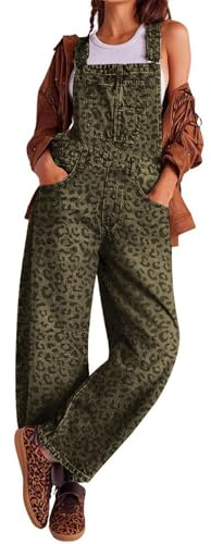 loveimgs Y2k Y2k - Salopette en jean baggy - Jambe large - Pantalon en jean - Salopette à bavette - Pour petit ami - Patchwork, léopard, Medium
