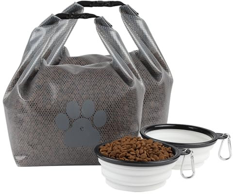 2 Pack Pet Food Storage Bag,Airtight Dog Food Travel Bag| BPA-Free,Dog Food Container with 2PCS Collapsible Dog Bowls,Road Trips,Camping,Boarding,Weekend Getaways-Grey