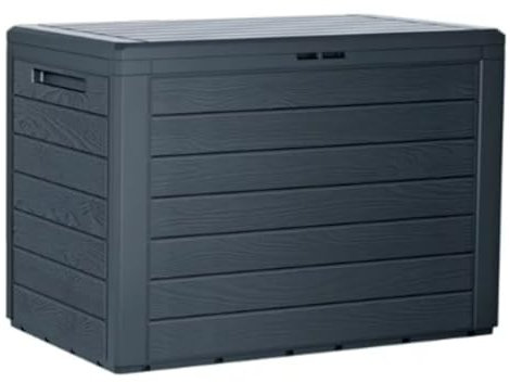 Garden Storage Box Plastic Organizer Wood Effect Outdoor Bench Large Deck Cusion Organizer Furniture Lid Container Woodebox (Anthracite, 190L)