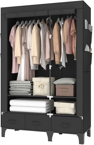 OPPAIYA Heavy Duty Temporary Wardrobe Double, Canvas Fabric Portable Closet with Drawers and 2 Hanging Rails, Large Clothes Storage for Bedroom, Black