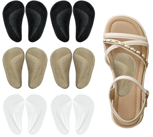 6 Pairs Gel Arch Support Pads Orthotic Shoe Inserts Insole, Arch Cushions for Flat Feet & Plantar Fasciitis Relief, Comfort Cushioning, Adhesive Reusable One Size, Transparent, Black & Beige Velvet