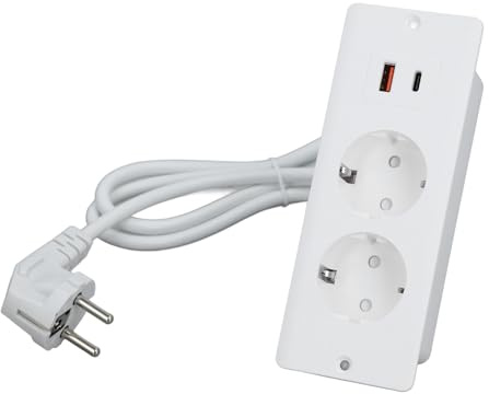 Elprico Desk Installation Power Socket 2 Outlets Möbler Remsor med USB -anslutningar för Installation Av Lådor (Vit)