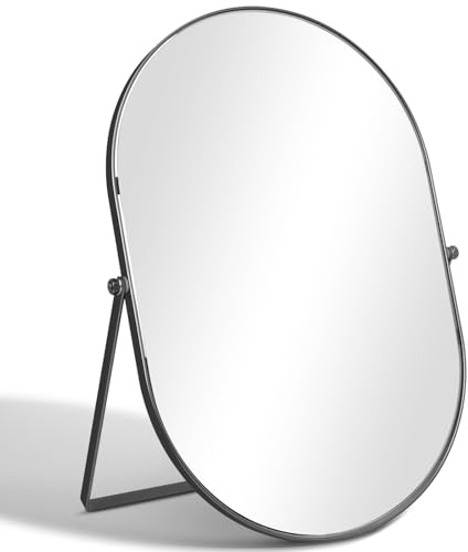 TSKDKIT Specchio cosmetico, Specchio da trucco ovale con cornice in metallo nero cromato, 31L cm x 22.5W cm Specchio da tavolo portatile per tavolo, bagno, comò, soggiorno, camera da letto, ufficio