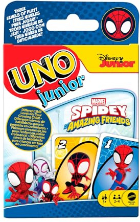Mattel Games UNO junior Marvel Spidey och hans fantastiska vänner | Pedagogiskt kortspel för förskolebarn med temalek och 3 nivåer, 2-4 spelare, JND89