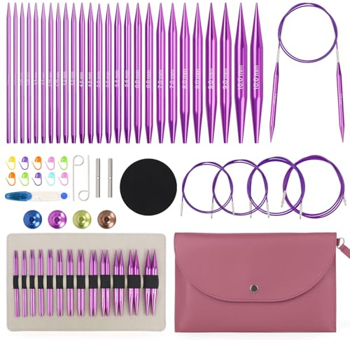 Aeelike rund sticknål utbytbart set med fodral och tillbehör, 13 par utbytbara rundstickor set (3–10 mm), kabel (40/60/80/100 cm), metall runda sticknålar set för nybörjare, rosa