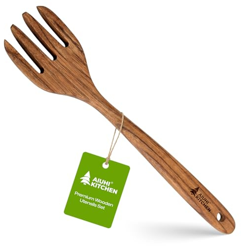 AIUHI Tenedor de madera de teca de alta calidad, mango ergonómico, tenedor de cocina de madera antiarañazos, utensilio de cocina duradero para ensalada, mezcla, lanzamiento de pasta y servir alimentos