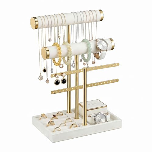 Veebmys Organizador de Joyas con 3 Niveles, Cuelga Collares, Soporte Desmontable para Joyeros de Terciopelo, Jewelry Expositor para Mujer de Anillos, Relojes, Collares, Pendientes, Pulseras (Beige)