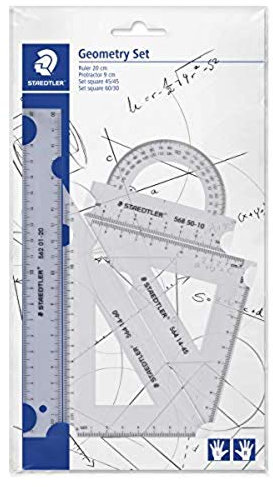 STAEDTLER Geometrieset Mars, Lineal 20 cm, Winkelmesser, Zeichendreieck 60/30 Grad, Zeichendreieck 45/Grad, 4-teiliges Set, 569 PB4-0
