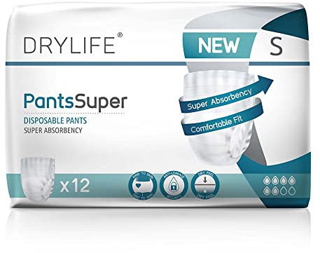 Drylife Pants Disposable Pull-Up Unisex Incontinence Pants | 3000ml Absorbency, Overnight Protection, Dry Feel Technology Anti-Leak Security, Breathable Material (S (1 Pack of 12), Super)