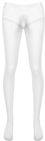MSemis Herren Strumpfhose Nylon Pantyhose sexy Unterwäsche Stretch Leggings mit Penishülle Transparent Männer Unterhose lang Erotik Dessous Lingerie Weiß XXL