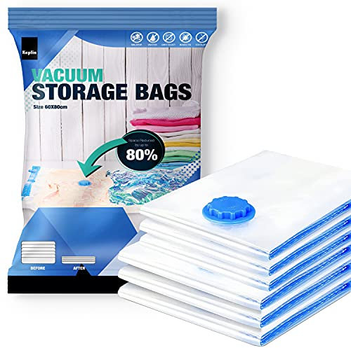 KEPLIN Vacuum Storage Bags | Maximise Space and Store Clothes, Bedding, Towels, Duvet & Pillow | Space Saver Air Suction Bag with Secure Double Zip + Valve | 6 Pack Large (60cm x 80 cm)