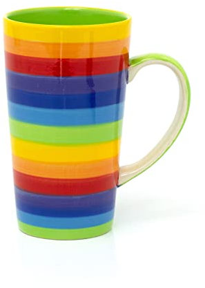 Hand Painted Rainbow Stripe Ceramic Tall Latte Coffee Mug | Large Multi Coloured Tea Cup | Stripped Hot Drinks Mug Coffee Cup