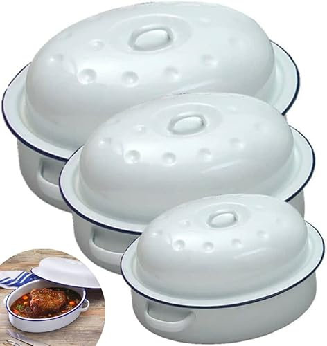 Large Enamel Oval Roasting Dish Pan Self Basting Lid Casserole Baking Tray Tin White (36cm)