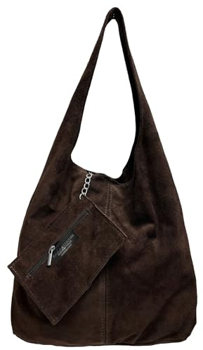 Modarno Borsa a tracolla da donna in pelle scamosciata pochette, borsa a tracolla, shopper, da donna, in vera pelle (Marrone Scuro)