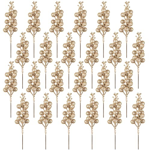 Fangoo 24 Stück Glitzer Champagner Gold Beeren Stiele,Künstliche Pflücken Rote Beeren Zweige Weihnachtsbeeren Stiel Picks für Weihnachtsbaum DIY Basteln Hochzeit Ferienzeit Winter Dekoration