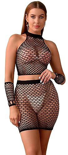 Walang Damunderkläder fisknät underkläder bodysuit nät topp + wrap kjol sexig hand strumpor miniklänning party ihåliga outfits exotisk set, svart, En Storlek