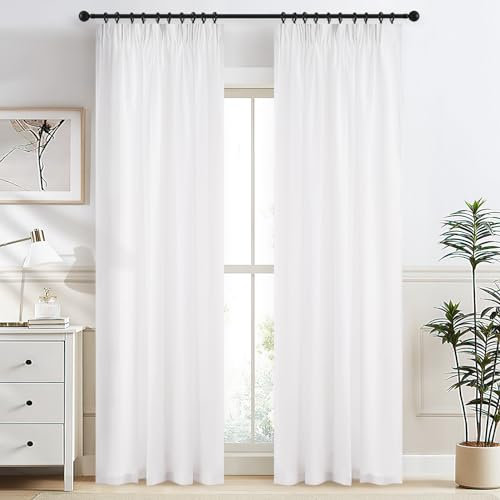 MRTREES Gardinen Wohnzimmer Modern Vorhang mit Kräuselband 240cm Lang Halbtransparente Weiss Baumwoll Gardine 132cm Breit