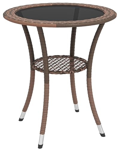Outsunny Mesa de Ratán Redonda Ø64x71 cm Mesa de Jardín con Estante Marco de Acero y Tablero de Vidrio Carga 50 kg para Terraza Patio Marrón