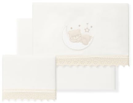 Interbaby - Sábanas Bebé 100% Algodón Coche/Moisés/CAPAZO - Guipur Oso Luna Conjunto 3 Pcs, Bajera+encimera+Funda Almohada - Hecho en España