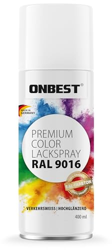 Onbest Premium Lackspray Sprühfarbe – wasserfest – Sprühlack Farbe zum Lackieren, Dekorieren & Reparieren von Oberflächen wie Metall, Holz, Kunststoff, Pappe, Stein (RAL 9016 Verkehrsweiß Glänzend)