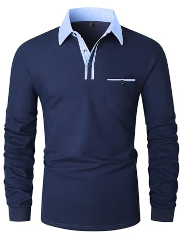 VMSUCIJ Polo Manga Larga para Hombre Ajuste Casual Cuello Camisa Tenis con Bolsillo Real,Azul 43,3XL